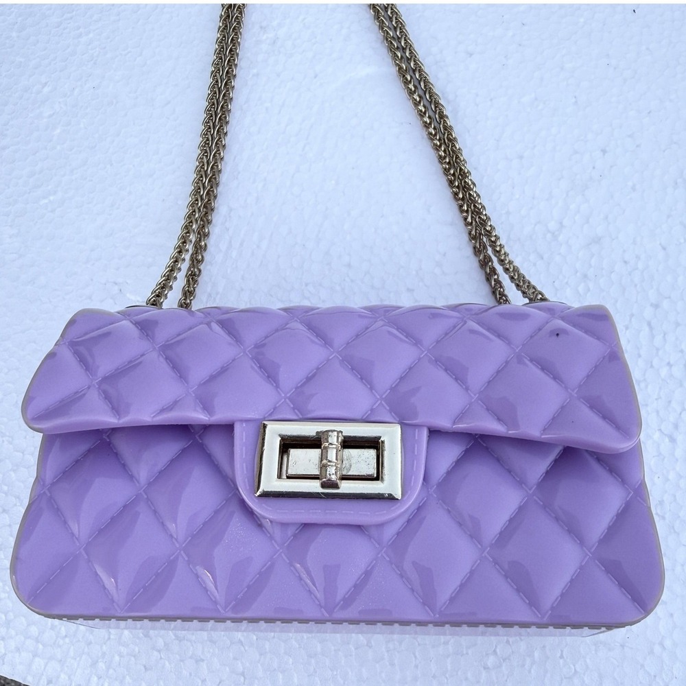 Quilted Crossbody Bag Womens Small Purple PVC Chain Strap Shoulder Turn Lock - Picture 2 of 9